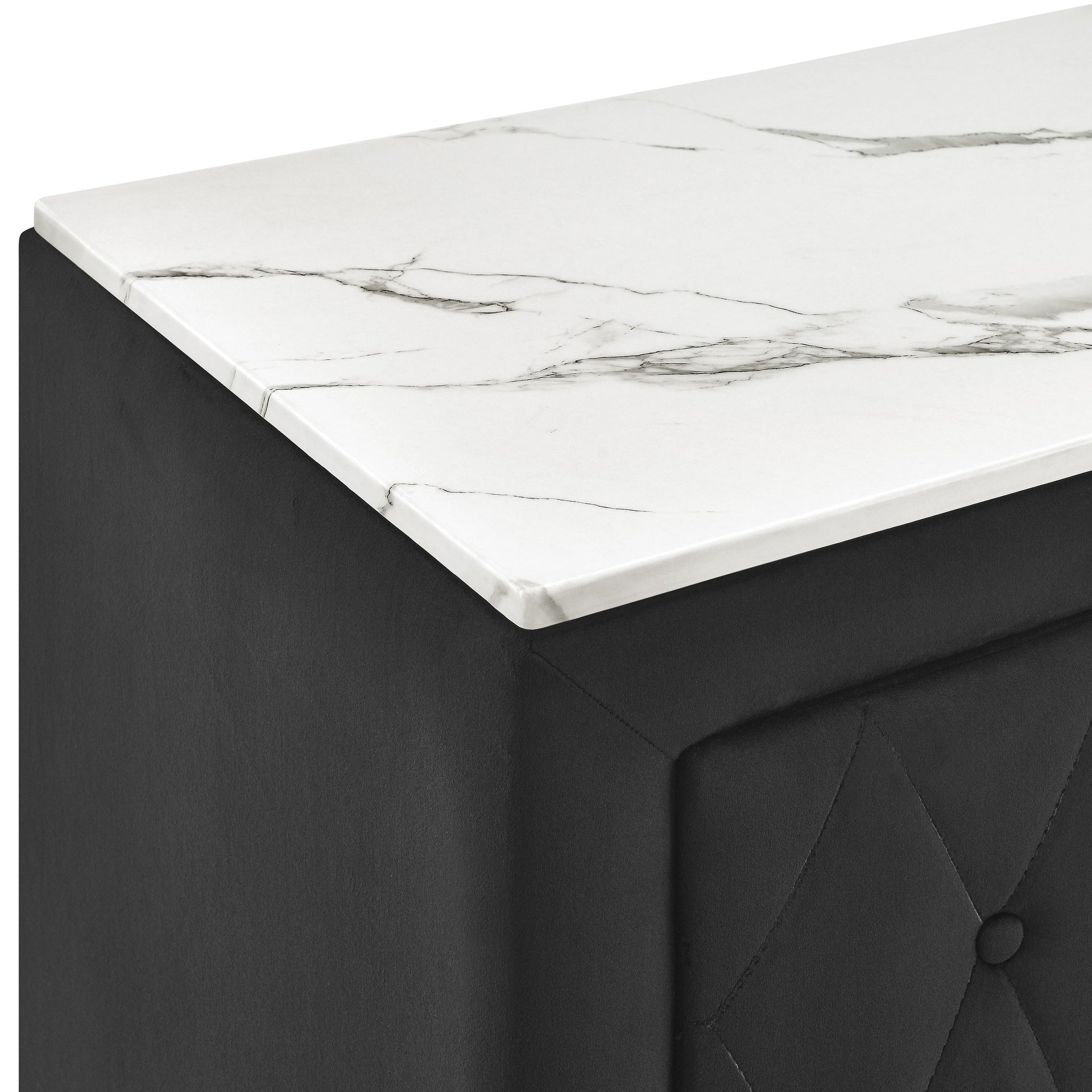 1pc Black Nightstand Upholstery Fabric Faux Marble Top Two Storage Drawers Wooden Bedroom Furniture