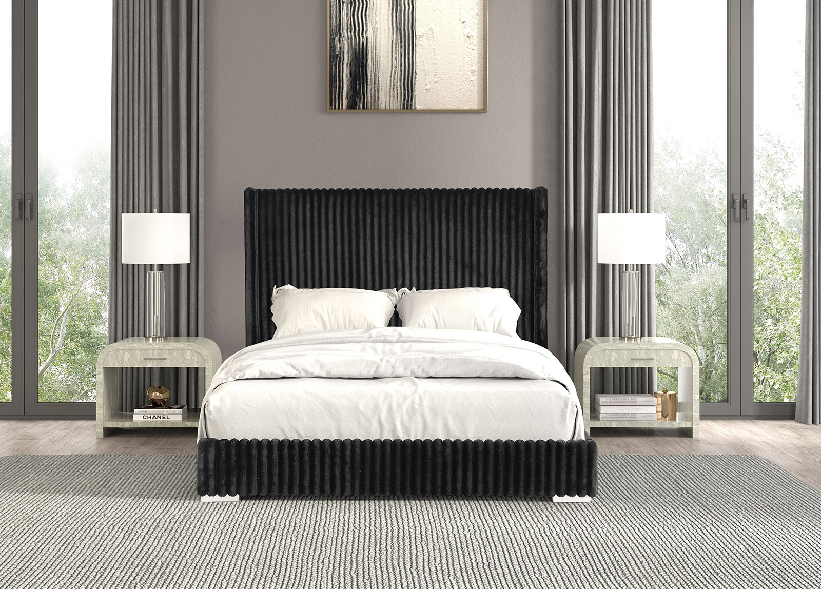 Bedroom Furniture Black Color Contemporary 1pc Twin Size Bed Fur Chenille Fabric Mattress Ready