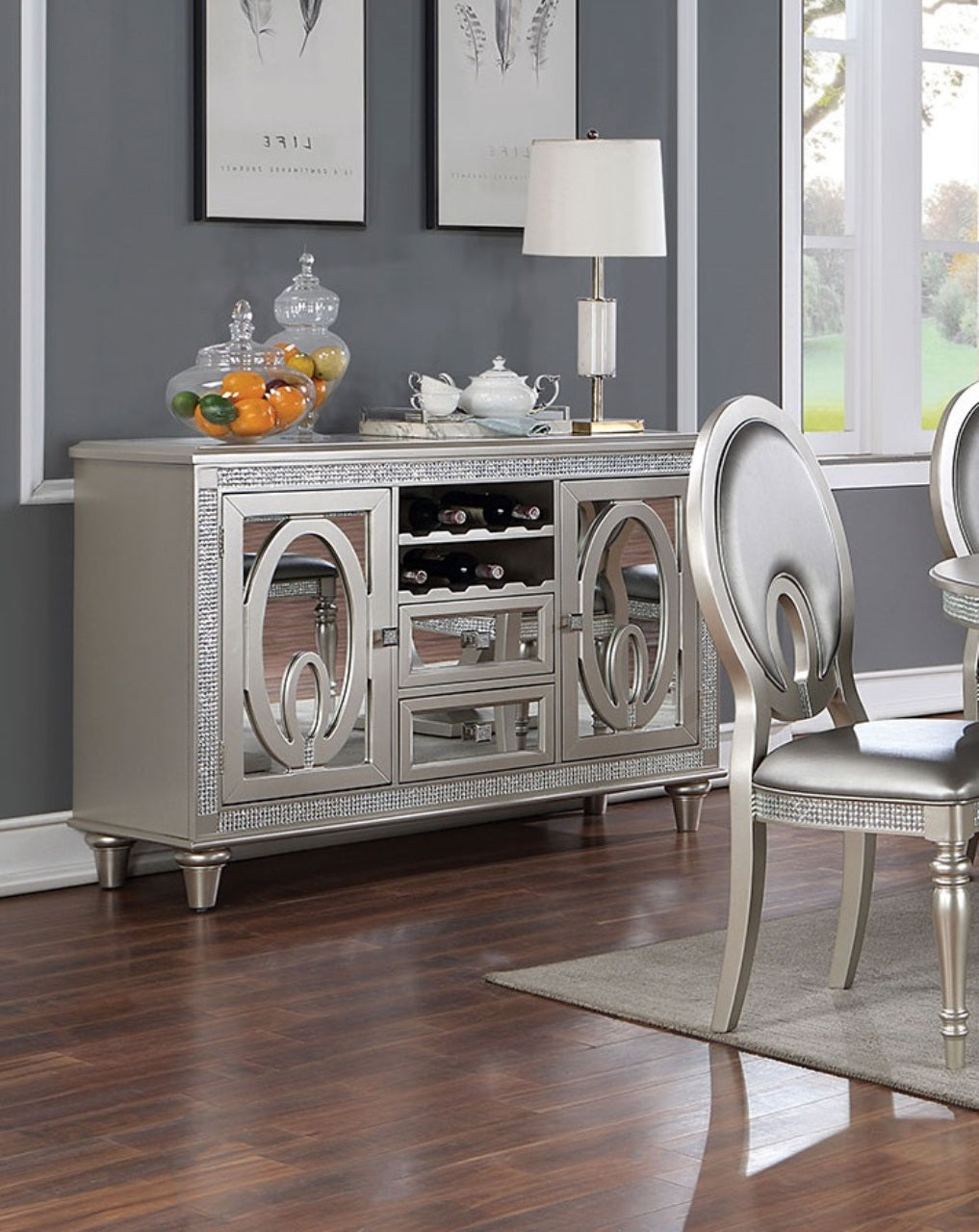 Contemporary Silver 1pc Server Solidwood Storage Drawers Mirror Tile Accents Server Dining Room Furniture