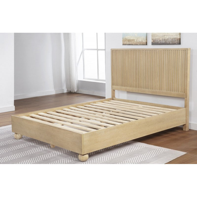 Queen Size Wooden Platform Bed with Fluted Panels Headboard – Modern Minimalist Design, Light Oak Finish