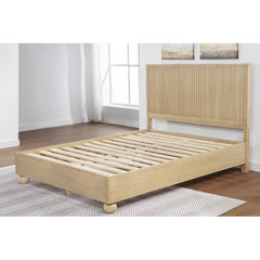 Queen Size Wooden Platform Bed with Fluted Panels Headboard – Modern Minimalist Design, Light Oak Finish