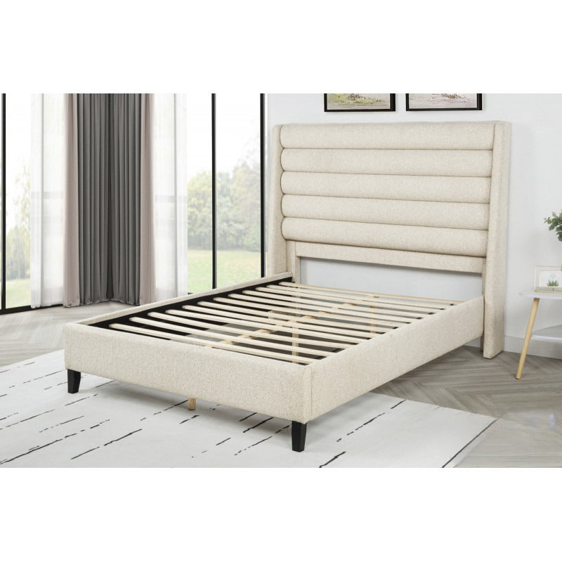 Upholstered Queen Platform Bed, Rolled Channel Tufted Headboard Modern Bedroom Bed Frame, Beige