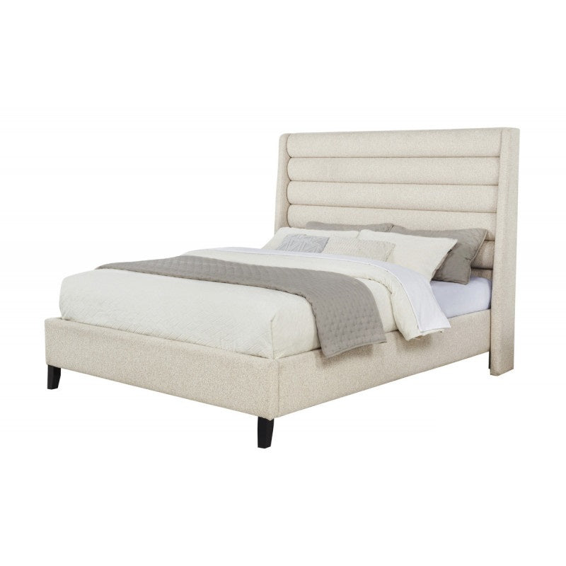 Upholstered Queen Platform Bed, Rolled Channel Tufted Headboard Modern Bedroom Bed Frame, Beige