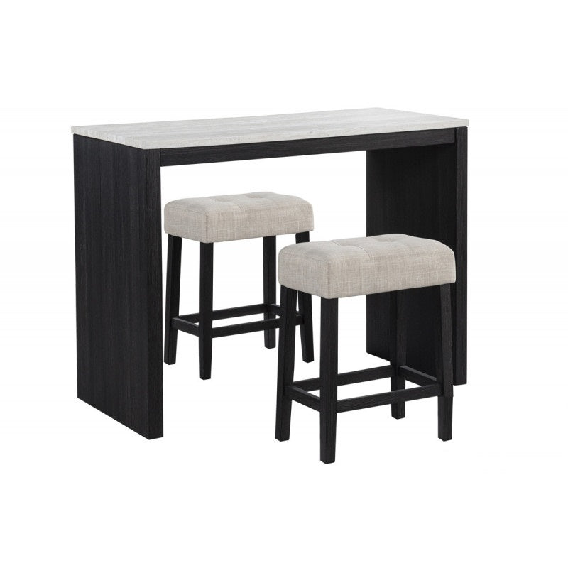 3-Piece Black/Beige Faux Marble Finish Counter Height Set, Tufted Seat Stool with Footrest, Contemporary Style Bar Set