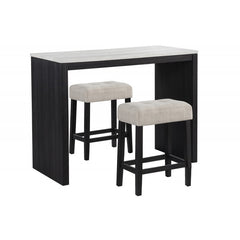 3-Piece Black/Beige Faux Marble Finish Counter Height Set, Tufted Seat Stool with Footrest, Contemporary Style Bar Set