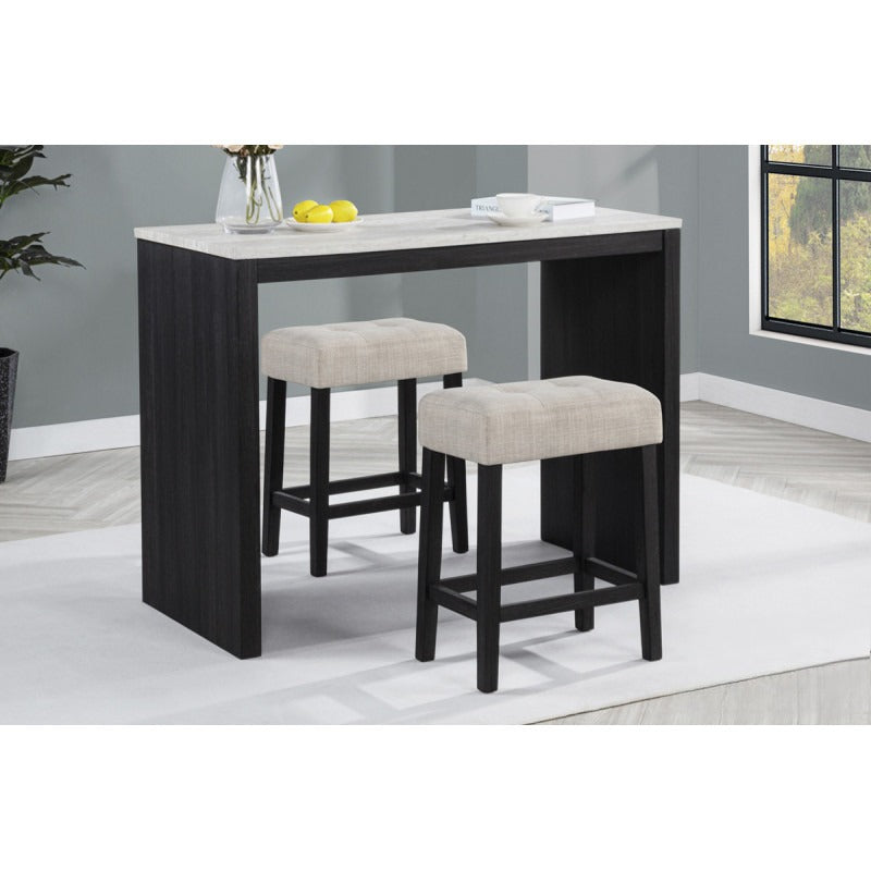3-Piece Black/Beige Faux Marble Finish Counter Height Set, Tufted Seat Stool with Footrest, Contemporary Style Bar Set