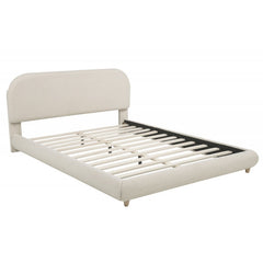 Contemporary Bedroom Low-Profile Queen-Size Platform Bed, Wood Frame, Soft Fleece Fabric Upholstered Bed, Cream