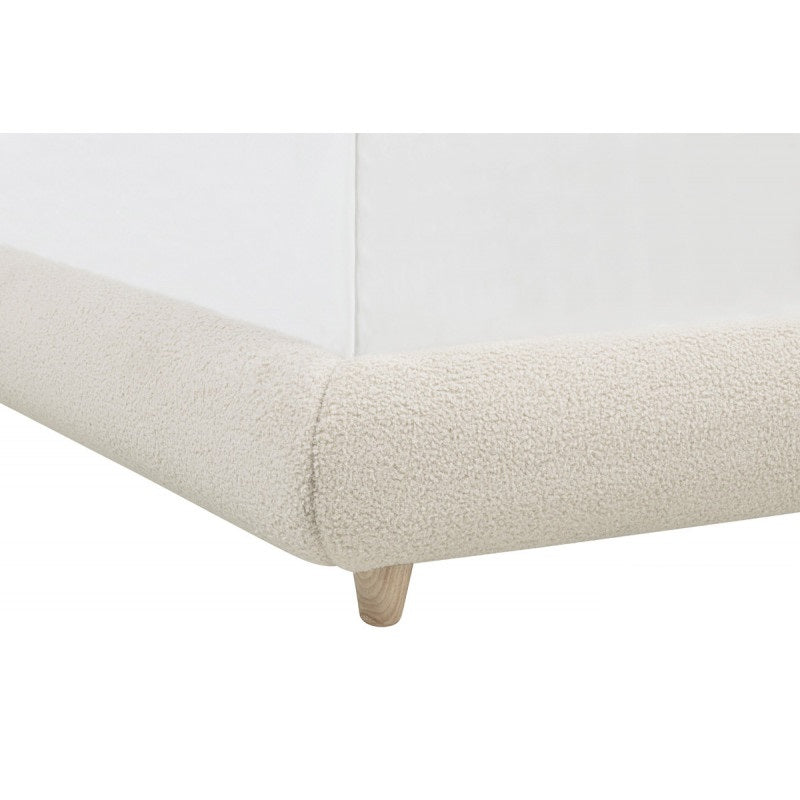Contemporary Bedroom Low-Profile Queen-Size Platform Bed, Wood Frame, Soft Fleece Fabric Upholstered Bed, Cream