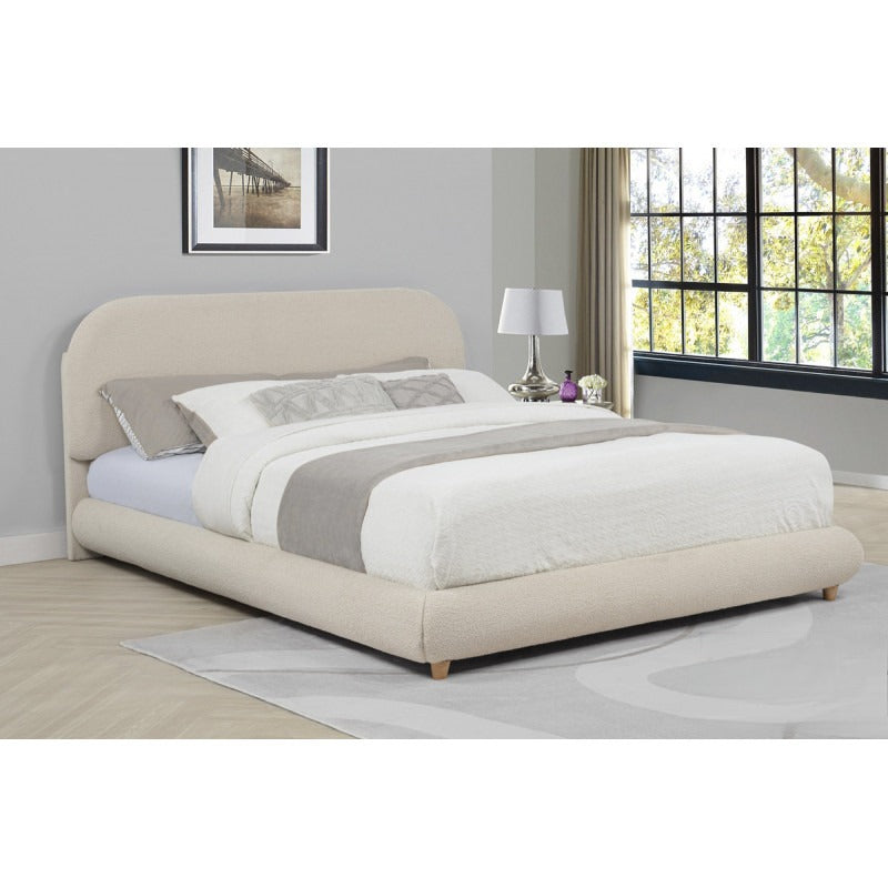 Contemporary Bedroom Low-Profile Queen-Size Platform Bed, Wood Frame, Soft Fleece Fabric Upholstered Bed, Cream