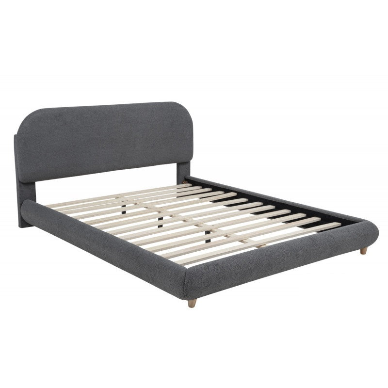 Contemporary Bedroom Low-Profile Queen-Size Platform Bed, Wood Frame, Soft Fleece Fabric Upholstered Bed, Gray