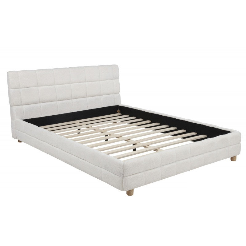 Modern Bedroom Queen Size Platform Bed, Soft Fleece Fabric Upholstered Low Profile Bed Frame, White