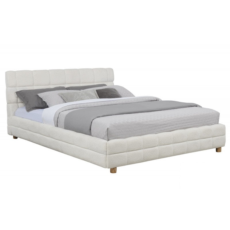Modern Bedroom Queen Size Platform Bed, Soft Fleece Fabric Upholstered Low Profile Bed Frame, White