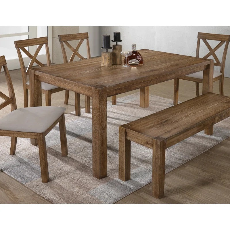Transitional 6 Pieces Driftwood Dining Set, Antique Oak Wood Finish Dining Table Bench and 4 side Chairs with Open X-Back, Cushion, Natural Oak