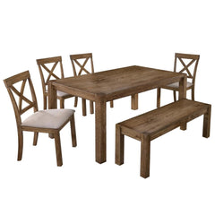 Transitional 6 Pieces Driftwood Dining Set, Antique Oak Wood Finish Dining Table Bench and 4 side Chairs with Open X-Back, Cushion, Natural Oak