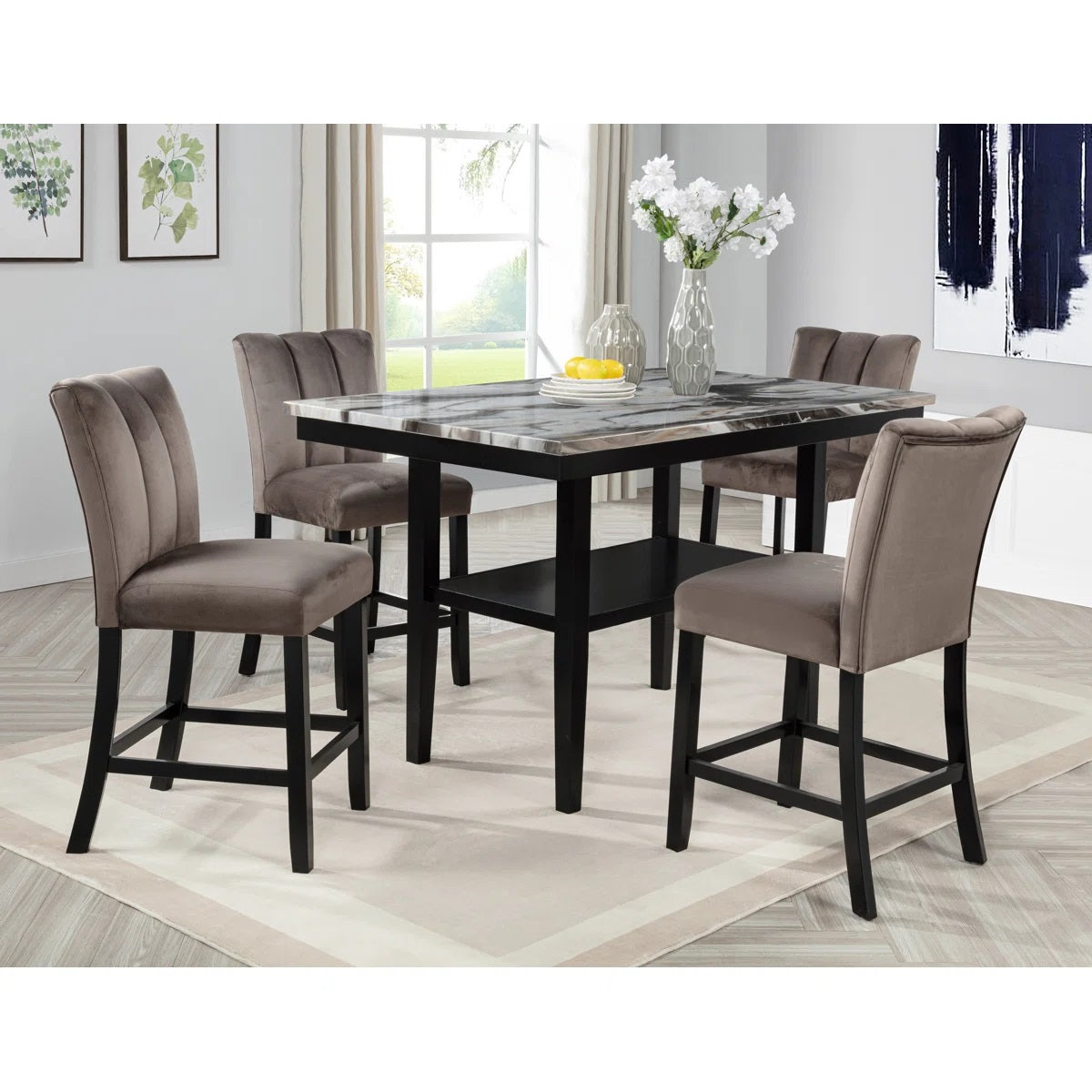 Modern 5 Piece Counter Dining Set, Marble Finish Wood Top Dining Table with Bottom Shelf and 4 Side Chair Set, Black/Brown