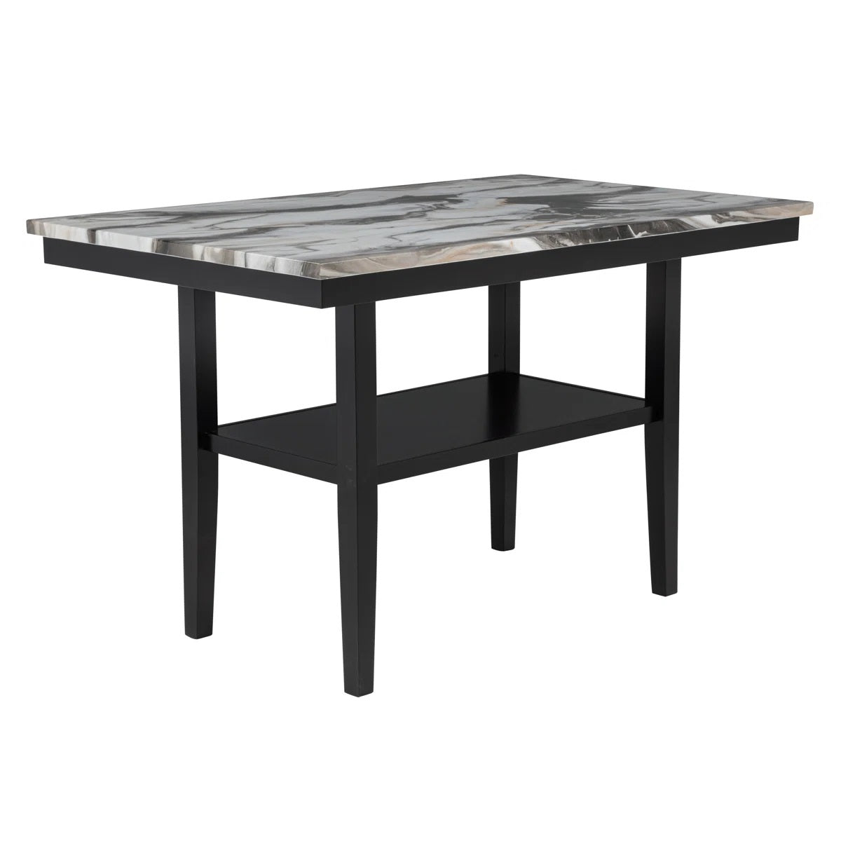 Modern 5 Piece Counter Dining Set, Marble Finish Wood Top Dining Table with Bottom Shelf and 4 Side Chair Set, Black/Brown