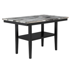 Modern 5 Piece Counter Dining Set, Marble Finish Wood Top Dining Table with Bottom Shelf and 4 Side Chair Set, Black/Brown