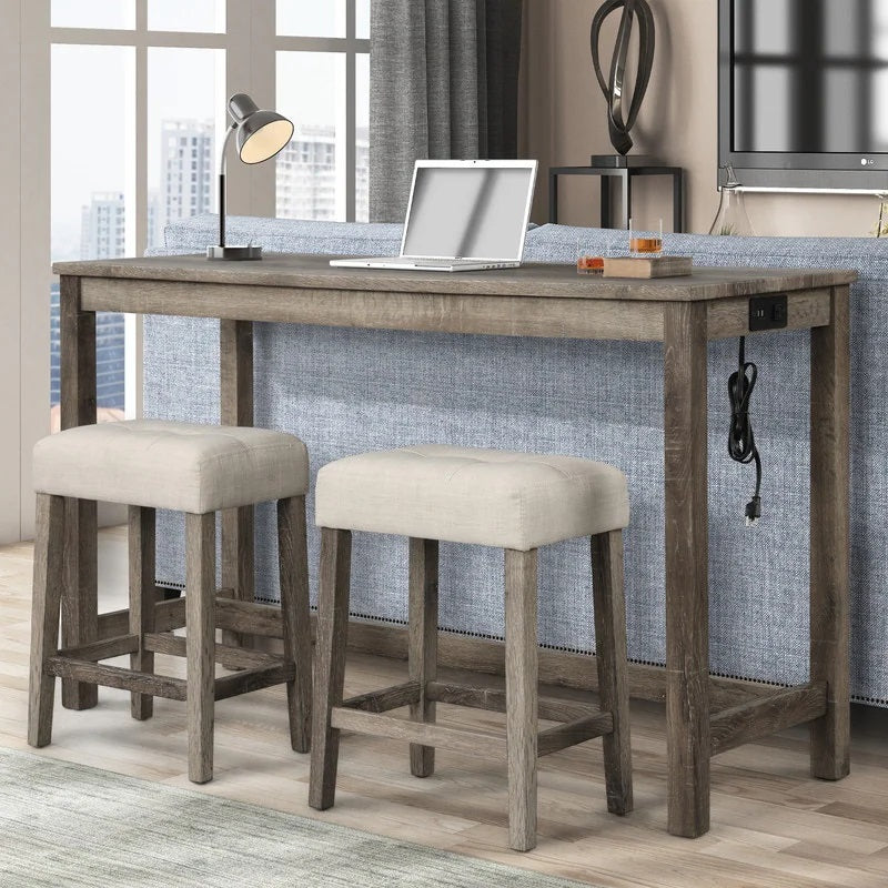 Transitional 3 Piece Counter Bar Dining Set Solid Wood Bar Table with Electric Outlet and 2 USB Ports, Counter Height Bar Stool Tufted Seating, Antique Oak