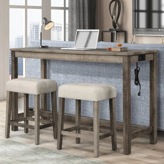 Transitional 3 Piece Counter Bar Dining Set Solid Wood Bar Table with Electric Outlet and 2 USB Ports, Counter Height Bar Stool Tufted Seating, Antique Oak