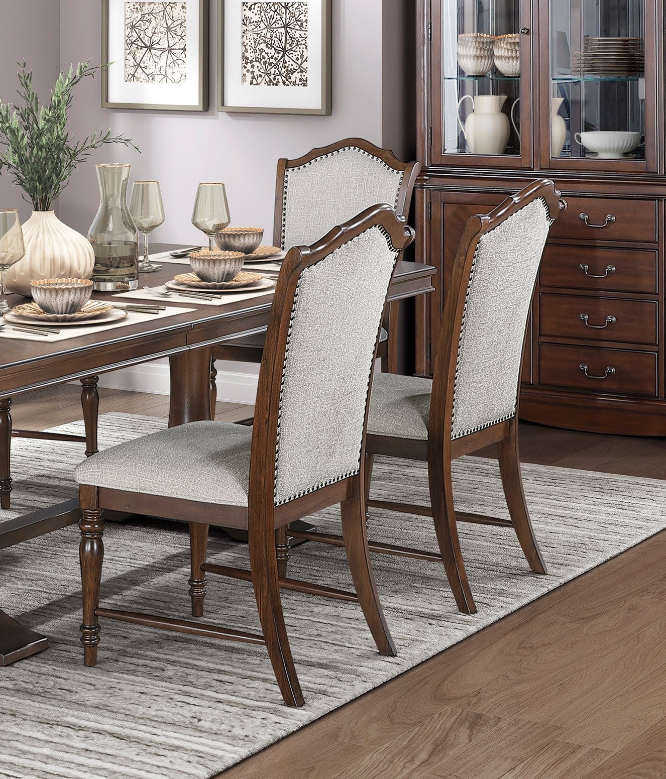 Formal Traditional Dining Set 7pc Table with Extension Leaf and 2 Armchairs 4 Side Chairs Cherry Finish Fabric Upholstery Nailhead Trim Wooden Furniture