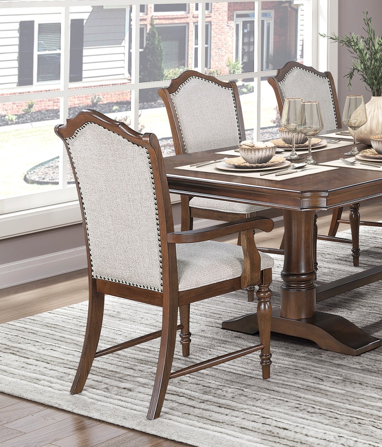 Formal Traditional Dining Set 7pc Table with Extension Leaf and 2 Armchairs 4 Side Chairs Cherry Finish Fabric Upholstery Nailhead Trim Wooden Furniture