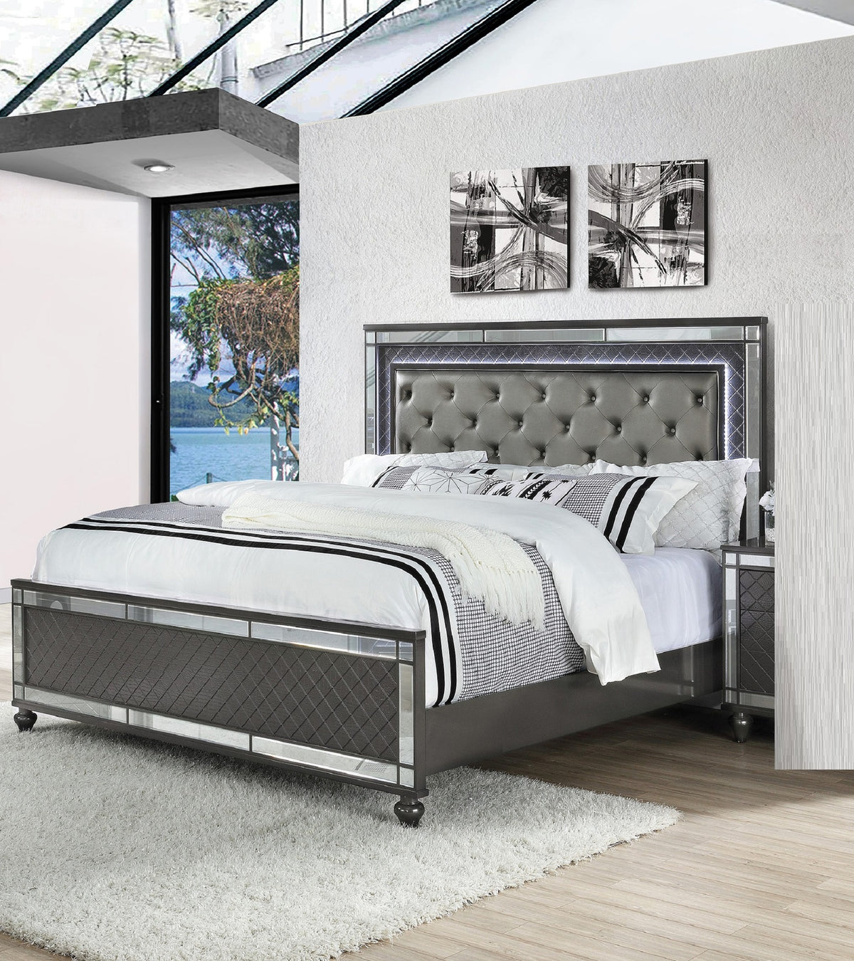 Modern Glam Style Upholstered Headboard Button Tufting Glass Inlay 1pc King Size Panel  LED Lights Bed Gray Faux Leather Finish Solid Wood Wooden Bedroom Furniture