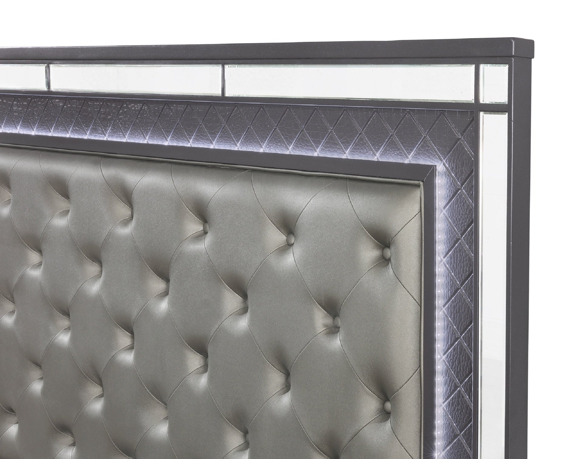 Modern Glam Style Upholstered Headboard Button Tufting Glass Inlay 1pc King Size Panel  LED Lights Bed Gray Faux Leather Finish Solid Wood Wooden Bedroom Furniture