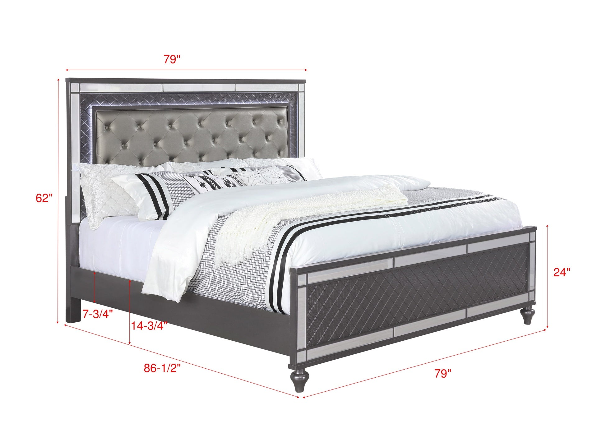 Modern Glam Style Upholstered Headboard Button Tufting Glass Inlay 1pc King Size Panel  LED Lights Bed Gray Faux Leather Finish Solid Wood Wooden Bedroom Furniture
