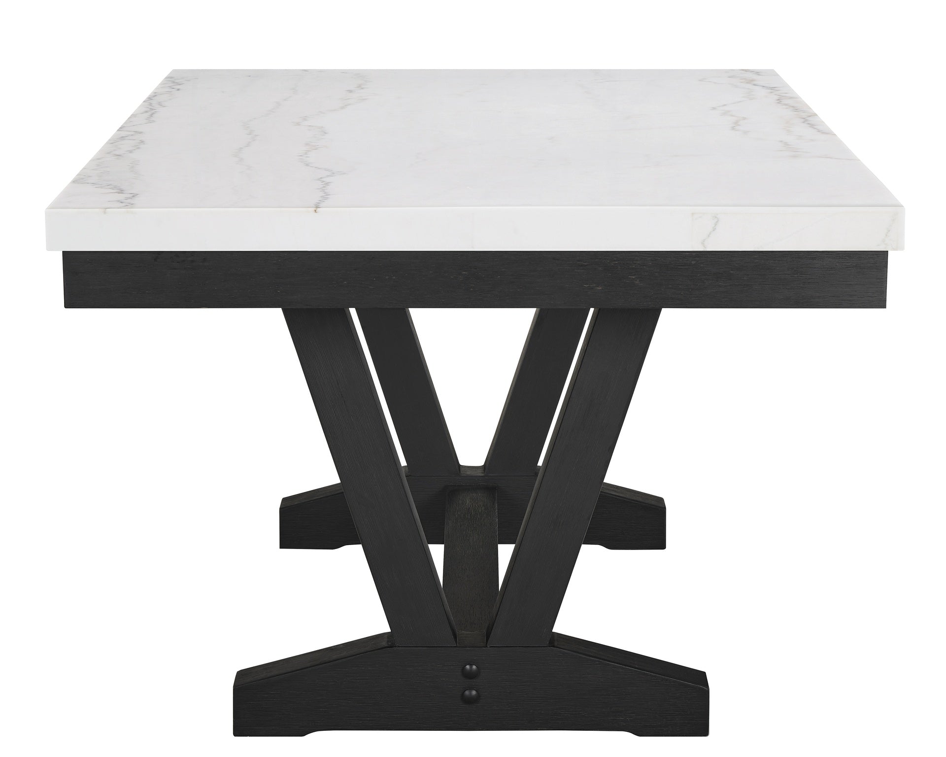 7pc Dining Set Contemporary Style White Genuine Marble Rectangular Table Top Dove Gray Upholstery Chairs Nailhead Tufted Black Finish Wooden Solid Wood Dining Room Furniture