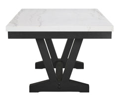 7pc Dining Set Contemporary Style White Genuine Marble Rectangular Table Top Dove Gray Upholstery Chairs Nailhead Tufted Black Finish Wooden Solid Wood Dining Room Furniture