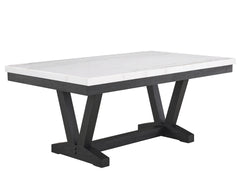 7pc Dining Set Contemporary Style White Genuine Marble Rectangular Table Top Dove Gray Upholstery Chairs Nailhead Tufted Black Finish Wooden Solid Wood Dining Room Furniture