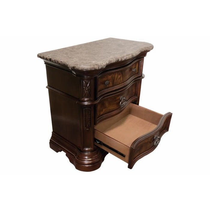 Traditional Bedroom Nightstand with Faux Marble Top, Solid Wood 3-Drawer Nightstand Table, Walnut