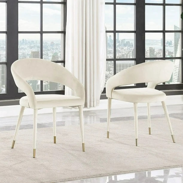 Modern Velvet Dining Chair Set of 2, Wooden Legs with Gold Accent Tips, Cream