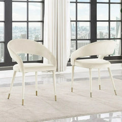 Modern Velvet Dining Chair Set of 2, Wooden Legs with Gold Accent Tips, Cream