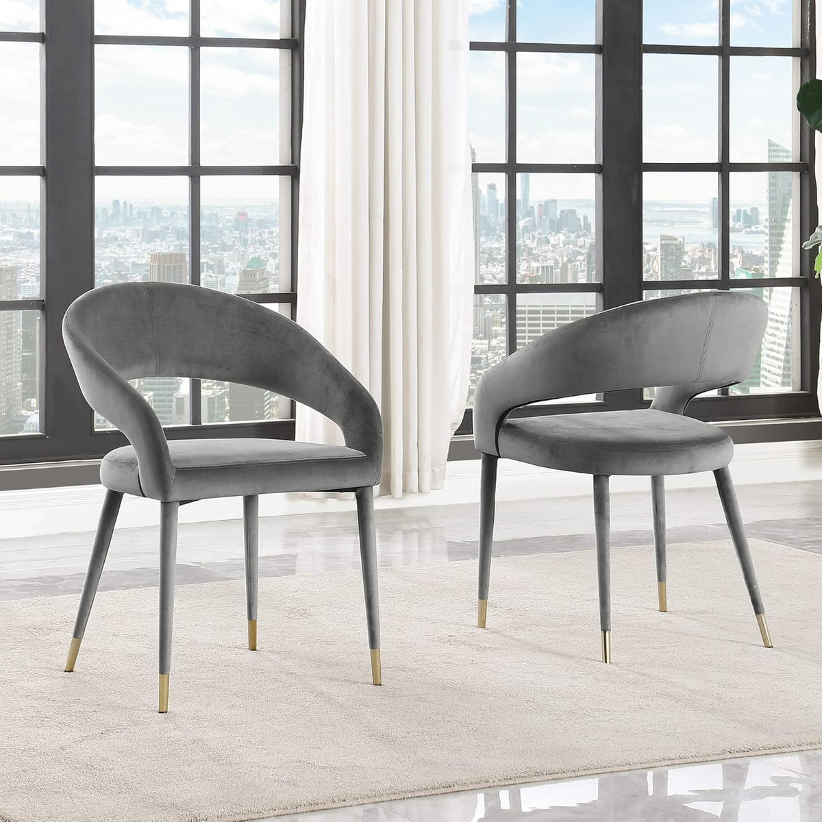 Modern Velvet Dining Chair Set of 2, Wooden Legs with Gold Accent Tips, Gray
