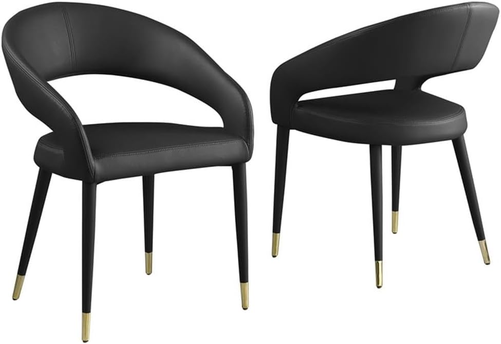 Modern Faux Leather Dining Chair Set of 2, Wooden Legs with Gold Accent Tips, Black