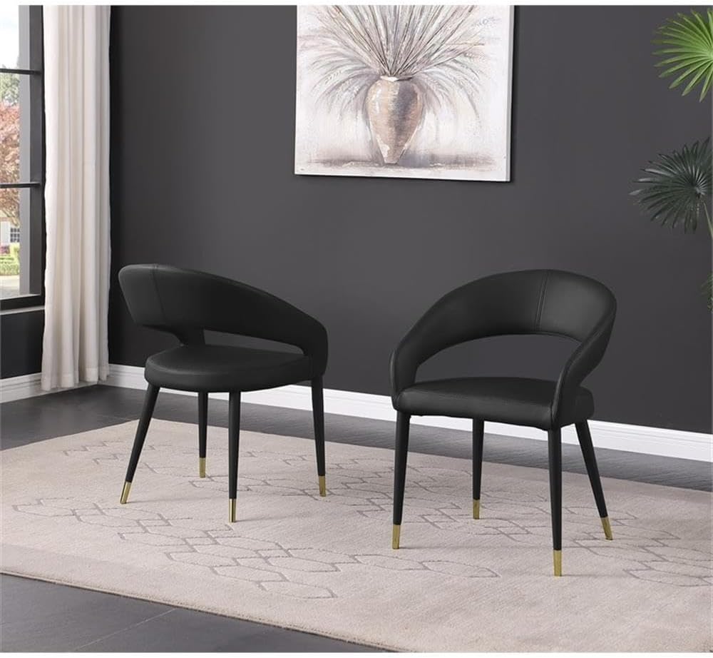 Modern Faux Leather Dining Chair Set of 2, Wooden Legs with Gold Accent Tips, Black