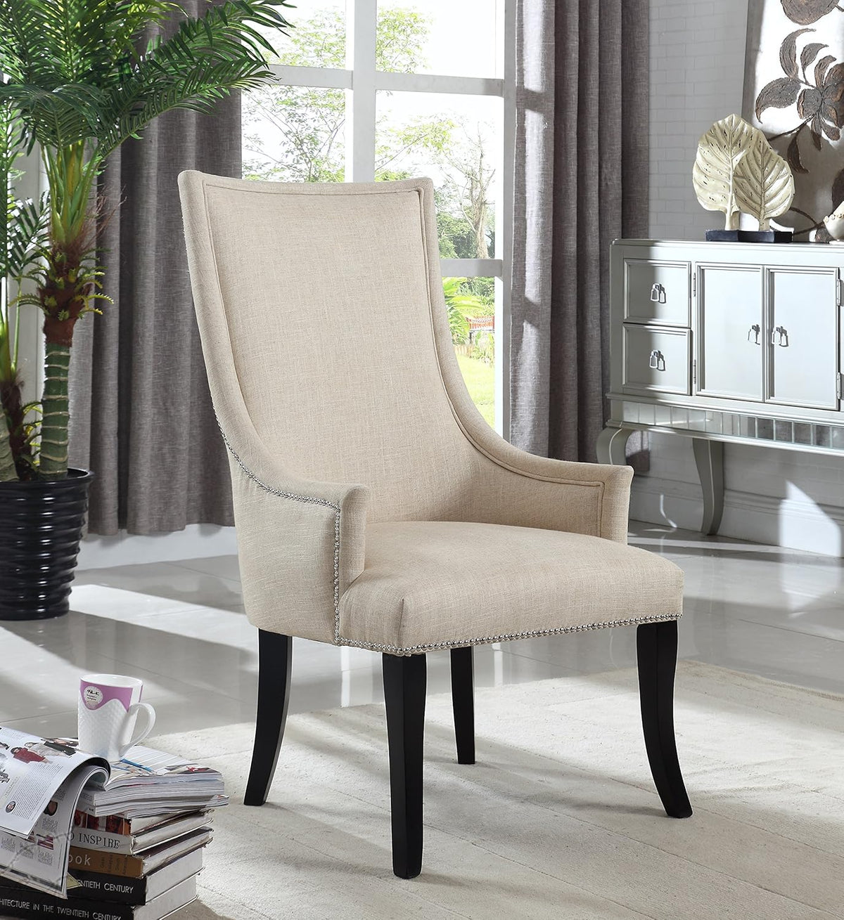 High Back Accent Chair, Black Wooden Legs, Contemporary Living Room Upholstered Chair, Natural