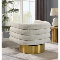 Modern Boucle Fabric Swivel Accent Chair, Unique Barrel Back Design, Gold Metal Base, Soft Upholstered Armchair, Cream