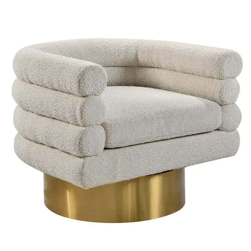 Modern Boucle Fabric Swivel Accent Chair, Unique Barrel Back Design, Gold Metal Base, Soft Upholstered Armchair, Cream