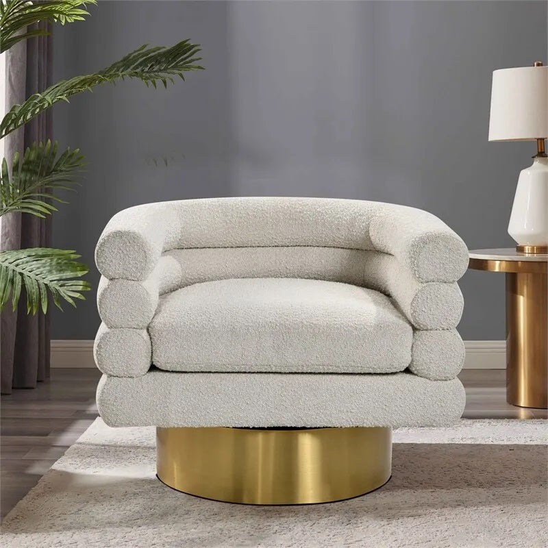 Modern Boucle Fabric Swivel Accent Chair, Unique Barrel Back Design, Gold Metal Base, Soft Upholstered Armchair, Cream