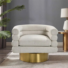 Modern Boucle Fabric Swivel Accent Chair, Unique Barrel Back Design, Gold Metal Base, Soft Upholstered Armchair, Cream