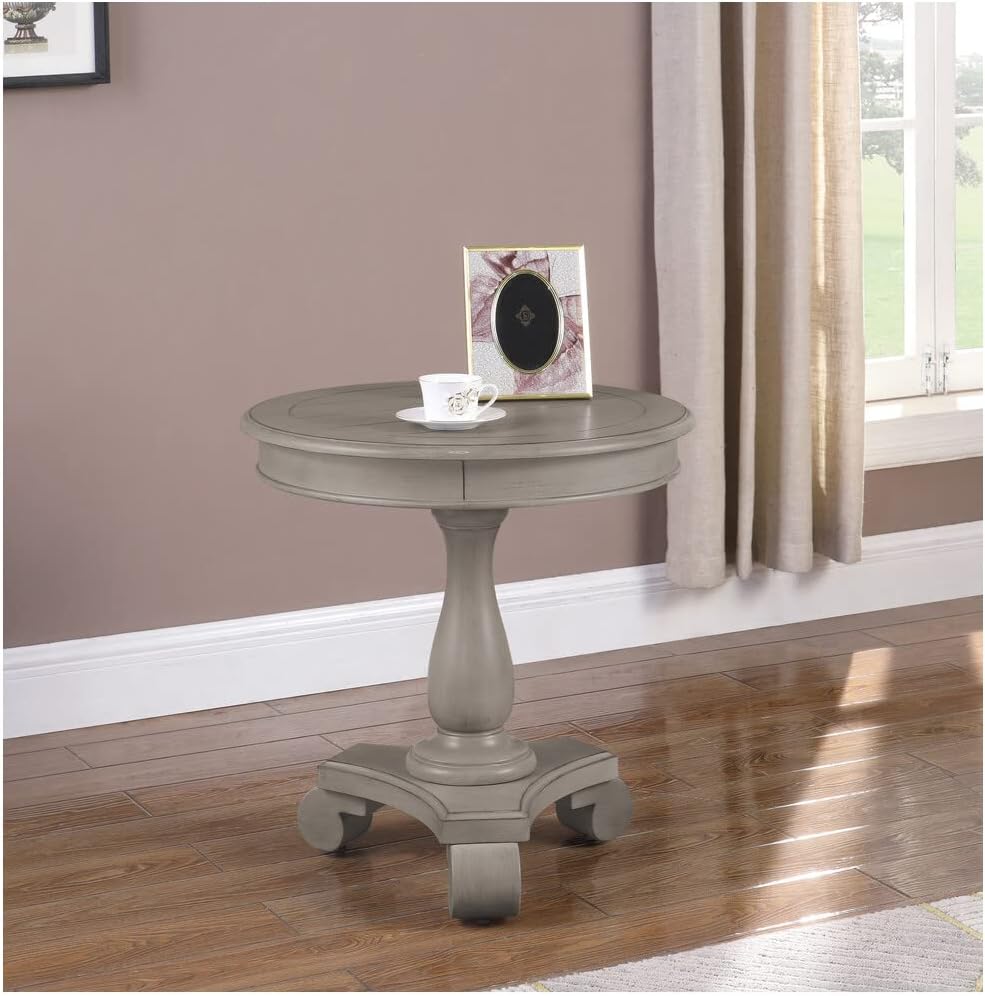 Transitional Antique Round End Table, Living Room Sofa Side Wood Table, Gray
