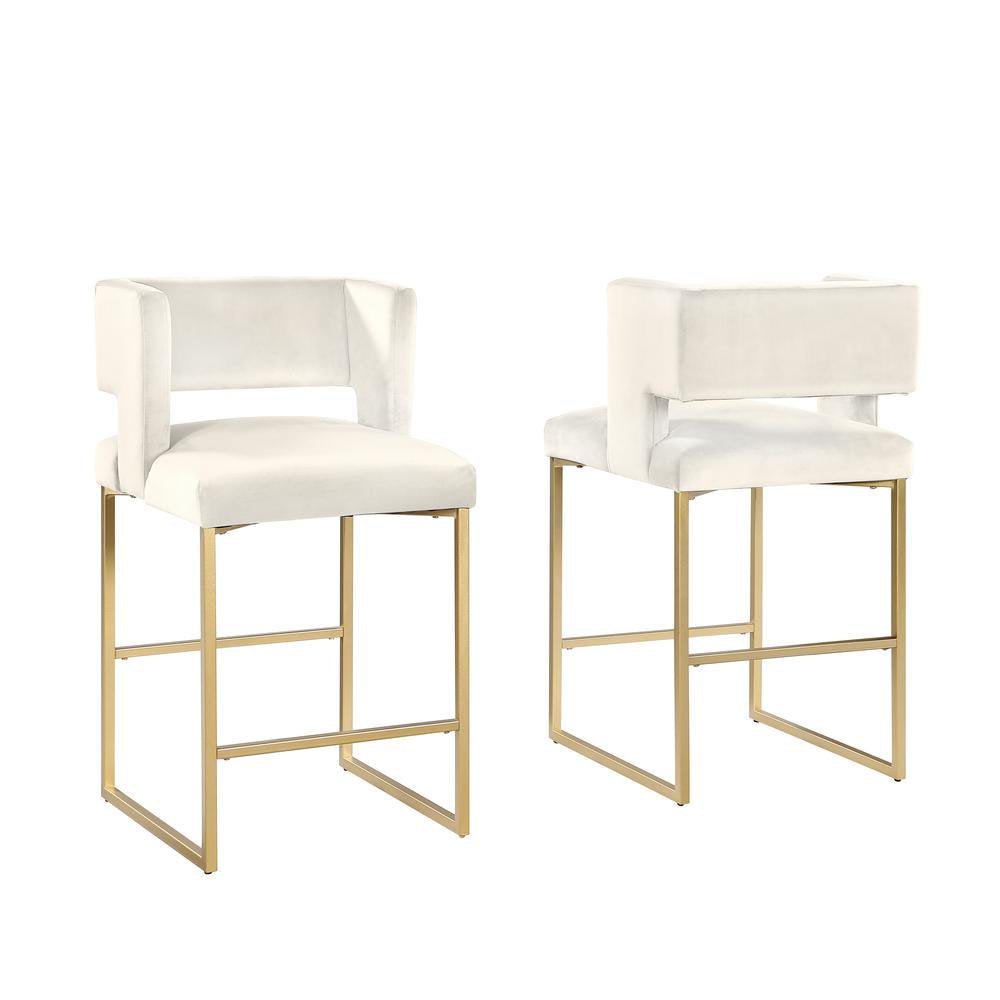 Modern Contemporary 27 Inch Counter Stool Set of 2 with Soft Padded Cream Velvet Upholstery, Gold Metal Legs, Kitchen Side Stool