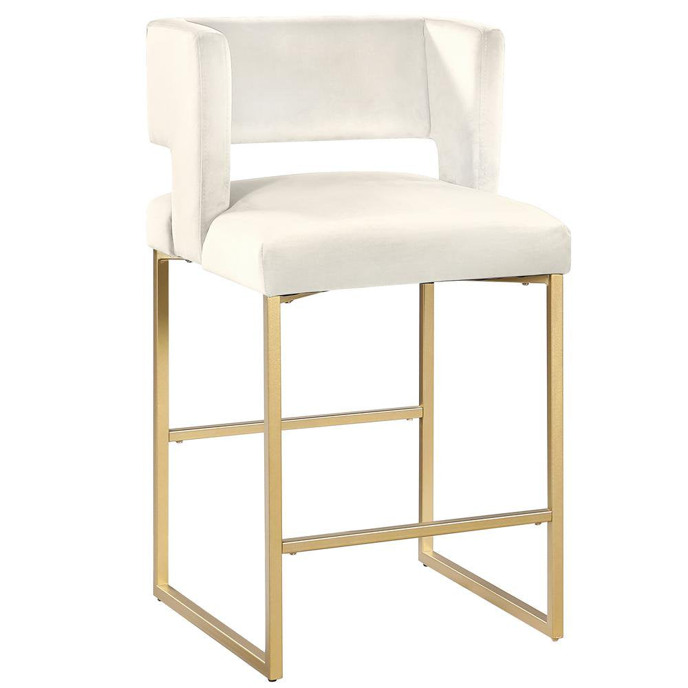 Modern Contemporary 27 Inch Counter Stool Set of 2 with Soft Padded Cream Velvet Upholstery, Gold Metal Legs, Kitchen Side Stool