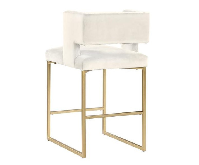 Modern Contemporary 27 Inch Counter Stool Set of 2 with Soft Padded Cream Velvet Upholstery, Gold Metal Legs, Kitchen Side Stool