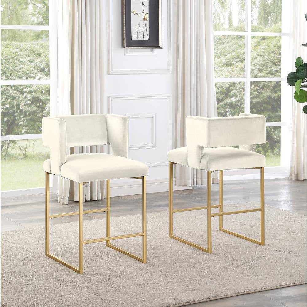 Modern Contemporary 27 Inch Counter Stool Set of 2 with Soft Padded Cream Velvet Upholstery, Gold Metal Legs, Kitchen Side Stool