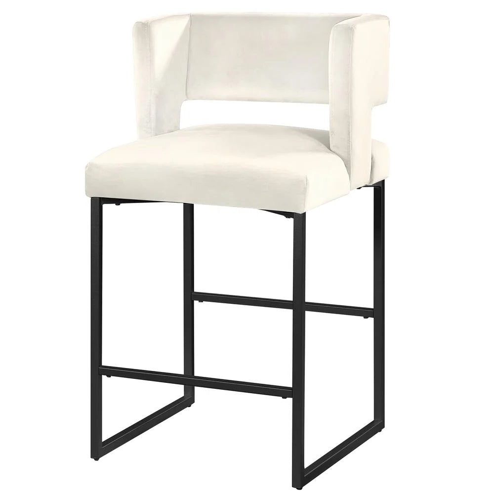 Modern Contemporary 27 Inch Counter Stool Set of 2 with Velvet Upholstery, Black Metal Legs, Kitchen Side Stool, Cream