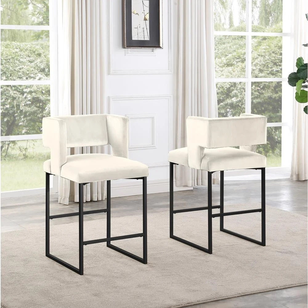 Modern Contemporary 27 Inch Counter Stool Set of 2 with Velvet Upholstery, Black Metal Legs, Kitchen Side Stool, Cream