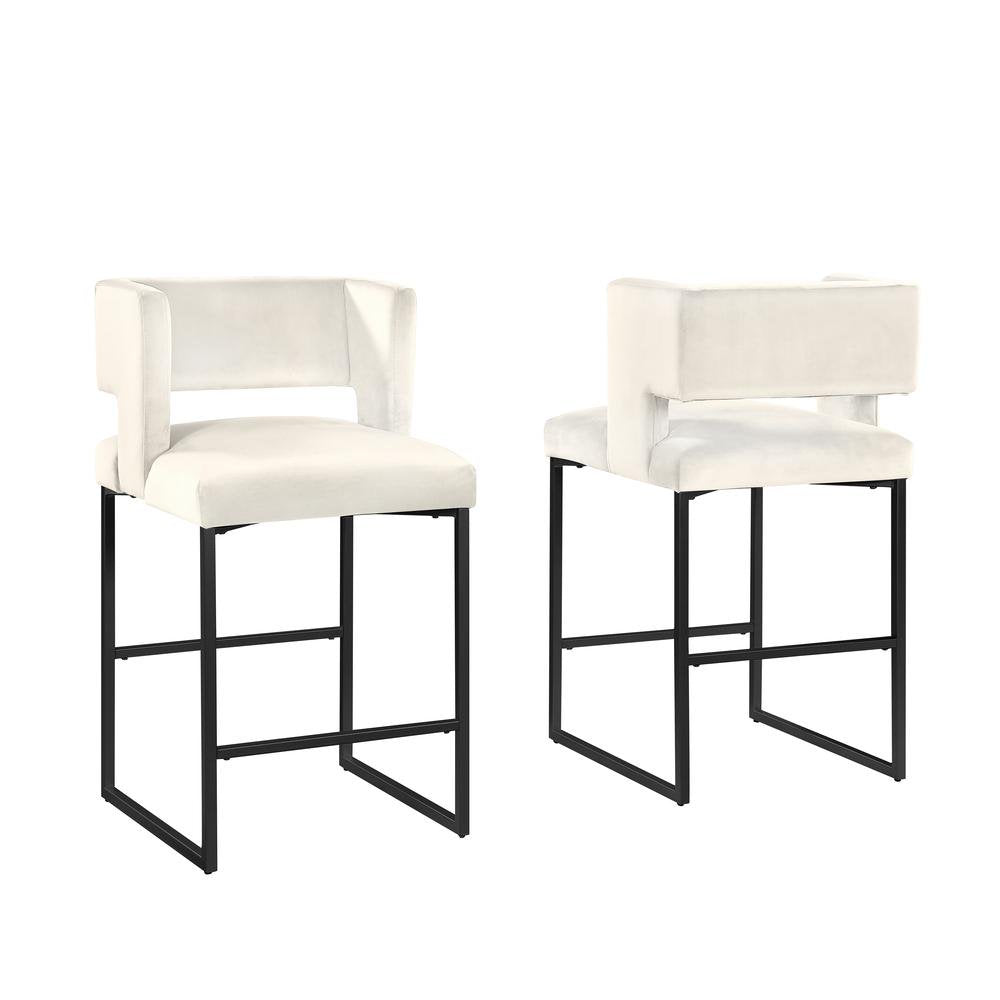 Modern Contemporary 27 Inch Counter Stool Set of 2 with Velvet Upholstery, Black Metal Legs, Kitchen Side Stool, Cream